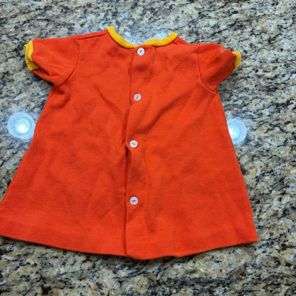 Vintage Orange Embroidered Flower Baby Dress Yellow Trim Retro 70s Short Sleeve